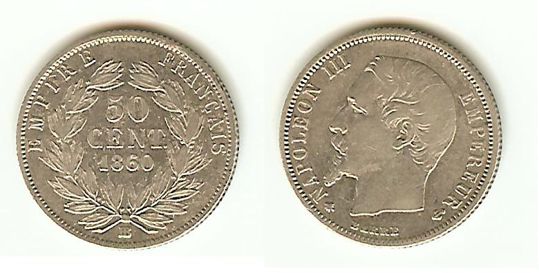 50 Centimes Napoléon III 1860BB Strasbourg VF+/aEF